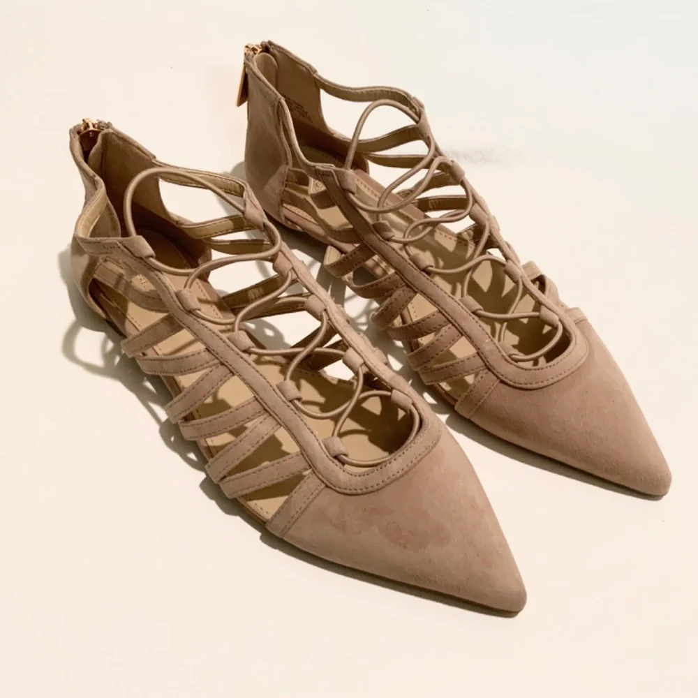 Michael Kors Clarissa Nude Suede Flat Sandals Leather Pointed Toe Slide Flats 8 - Picture 8 of 11